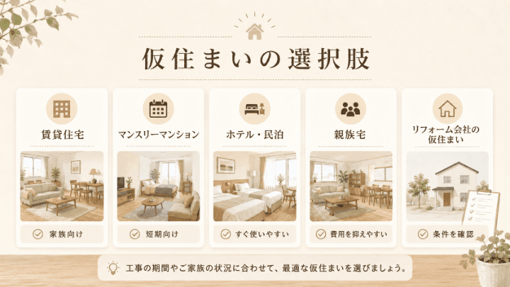 リフォーム中の仮住まいの選択肢を比較したイメージ