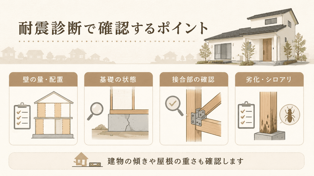 耐震診断で確認する壁の配置や基礎、接合部、劣化状況