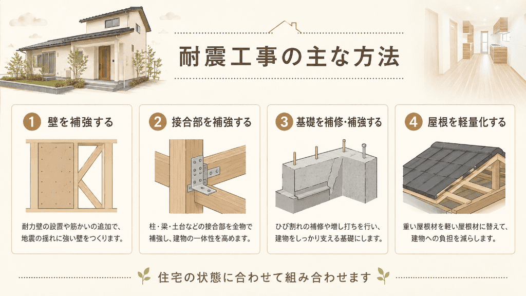 壁や接合部、基礎、屋根を補強する主な耐震工事の方法
