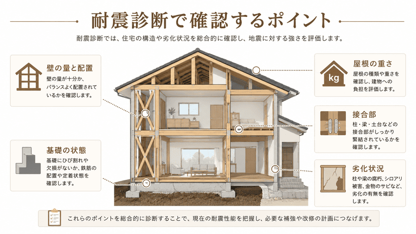 耐震診断で確認する壁の配置や接合部、基礎、屋根、劣化状況