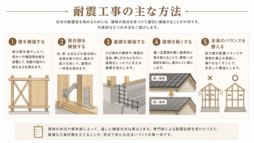 壁や接合部、基礎、屋根などを補強する主な耐震工事の方法