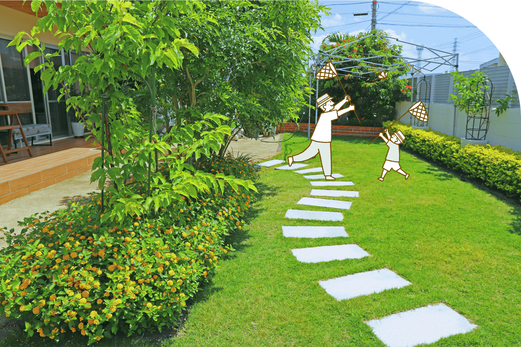 庭で遊ぶ子供のイラスト